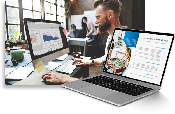 A laptop and desktop computer with a man working on a spreadsheet, featuring Choose My Site Digital Marketing and aligning with data-driven online marketing solutions.