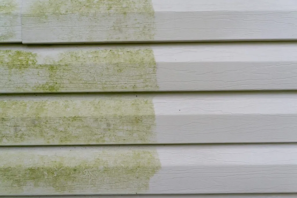 Before and after photo of clean vinyl siding